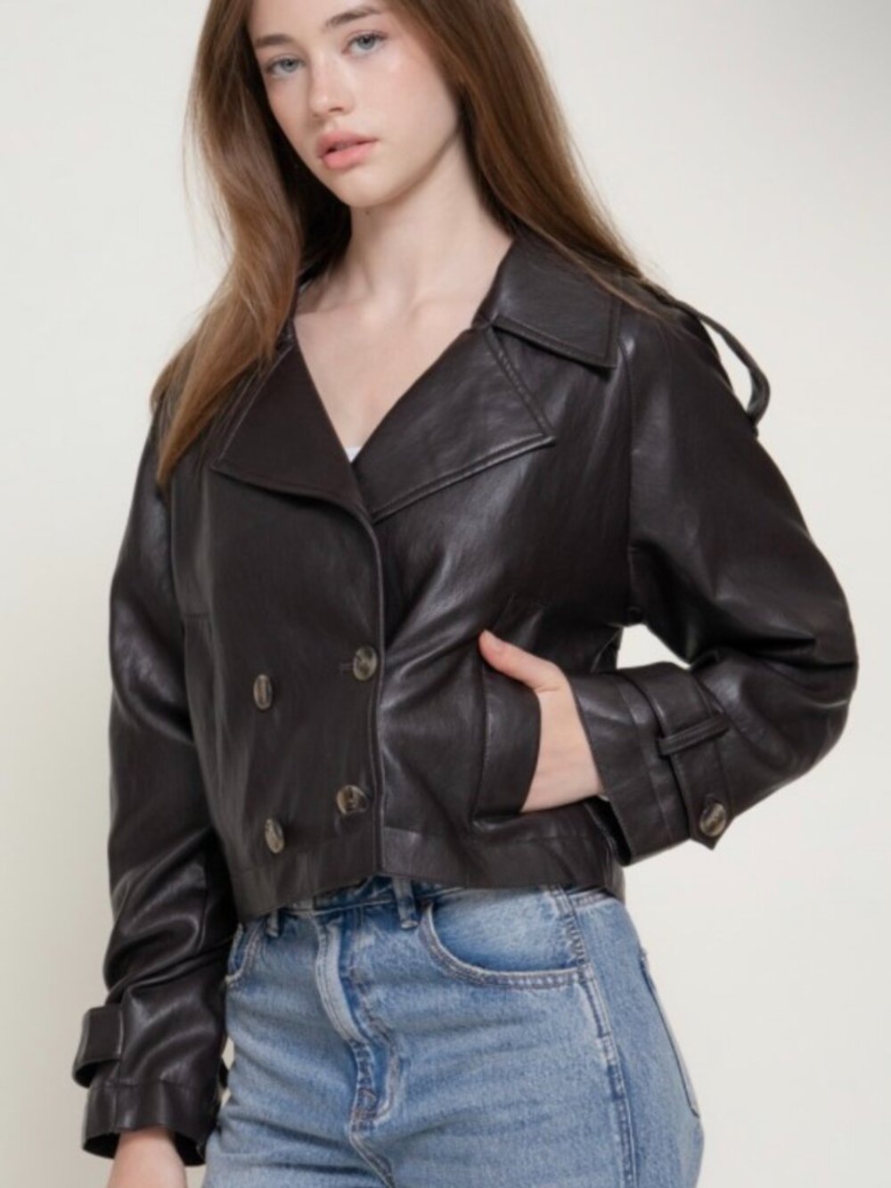 Chocolate Brown Faux Leather Cropped Trench Coat